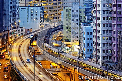 Very high-speed train go through the HongKong financial center