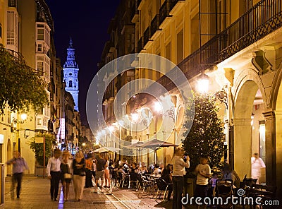 Vew of night street with restaurants in Logrono