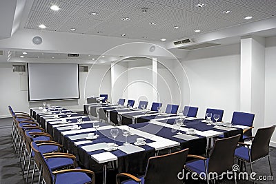 Video conference hall, wide-angle overview.