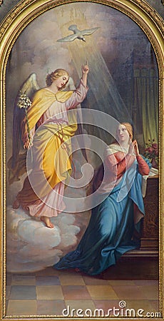 Vienna - Annunciation from main altar of baroque Servitenkirche - church completed in 1670.