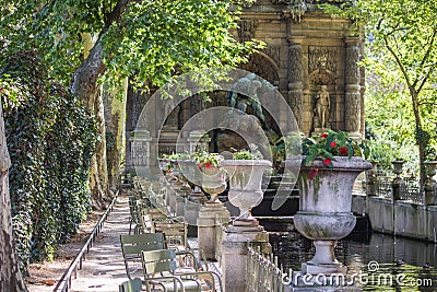 View along row of stone urns to Fontaine de Medici, Jardin de Luxembourg, Paris