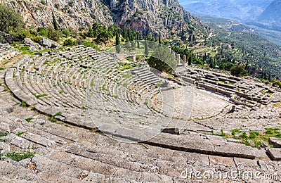 View of ancient Delphi theater and Apollo temple, Greece