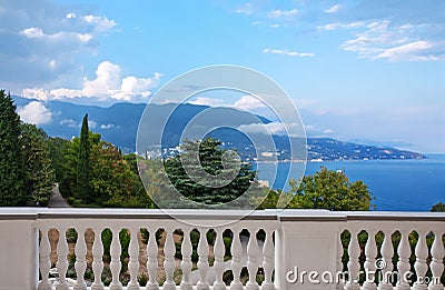 View from balcony to sea and mountains