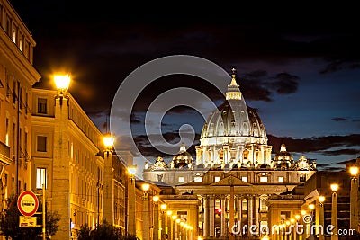 View of Basilica di San Pietro Dom, night,Vatican City in Rome, Italy