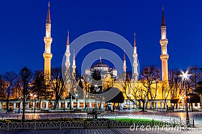 View of the Blue Mosque (Sultanahmet Camii) at the blue hour, Istanbul, Turkey