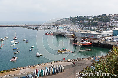 View of Brixham harbour and marina Devon England UK during the heatwave of Summer 2013