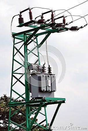 View of the high voltage transformer to a metal pole