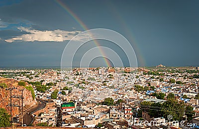 View of Jodhpur (Blue city) after rain with rainbow, Rajasthan,