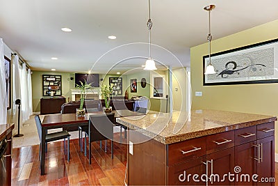View of kitchen island and dining area