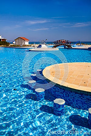 View of the Sea Shore from the pool of one of the hotels of the Black Sea resort of Albena.