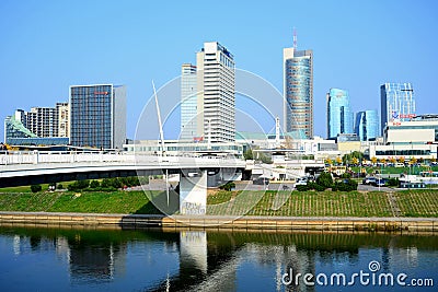 Vilnius city skyscrapers and walking bridge view