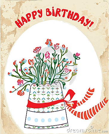 Vintage birthday card with flower pot