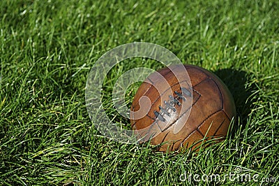 Vintage Brown Football Soccer Ball Green Grass Field