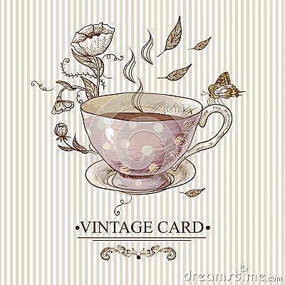 Vintage Card with Cup, Flowers and Butterfly