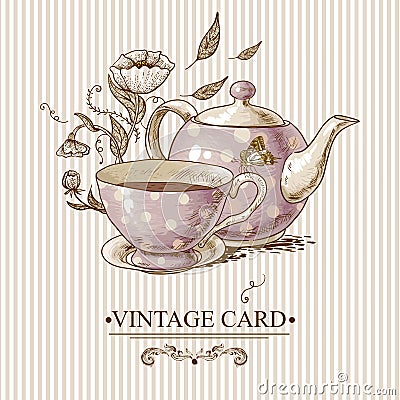 Vintage Card with Cup, Pot, Flowers and Butterfly