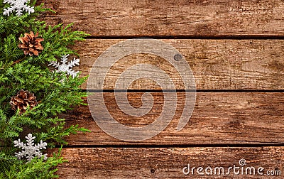 Vintage christmas background - old wood and pine branch