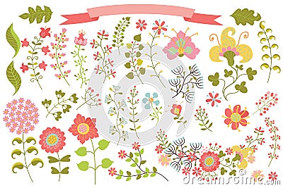 Vintage flowers elemments set.Flowers,branches,