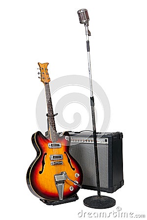 Royalty Free Stock Image: Vintage microphone with guitar and amplifier