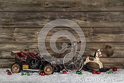 Vintage: old children toys for a christmas decoration - car, hor