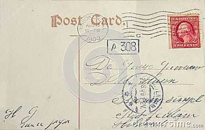 Vintage postcard with american postage stamp and address in Rott