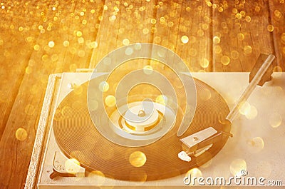 Vintage record player and glitter lights