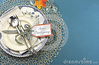 Vintage Thanksgiving dinner table place setting with copy space.