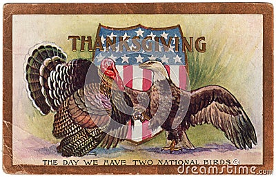 1909 Vintage Thanksgiving Postcard Two National Birds