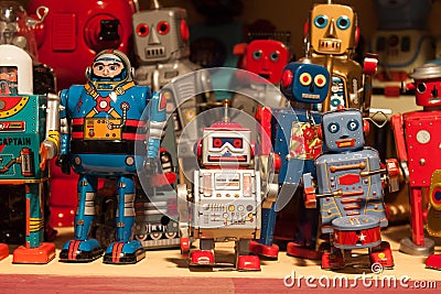 Vintage tinplate robots on display at HOMI, home international show in Milan, Italy