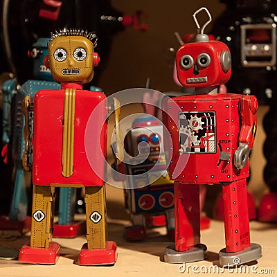 Vintage tinplate robots on display at HOMI, home international show in Milan, Italy