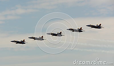 Virginia Beach, VA - May 17:US Navy Blue Angels in F-18 Hornet planes perform in air show routine in Va beach, VA on May 17, 2010.
