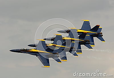 Virginia Beach, VA - May 17:US Navy Blue Angels in F-18 Hornet planes perform in air show routine in Va beach, VA on May 17, 2010.