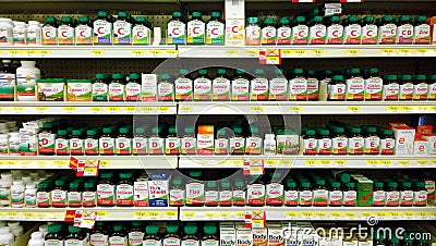 Vitamins and supplements on shelves