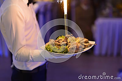 Waiter with Chicken on Plate