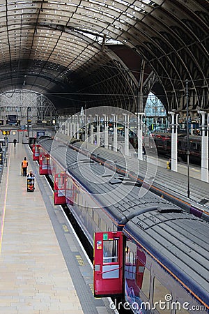 Waiting trains in Paddington station, London