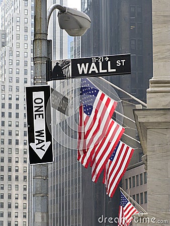 Wall Street corner with one-way sign