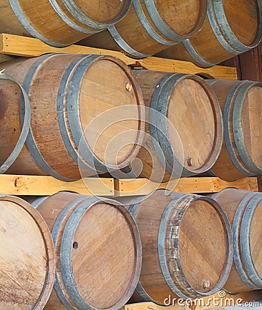 Wall of wooden barrels