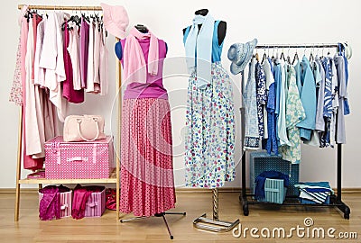 Wardrobe with pink and blue clothes with outfit on two mannequins.