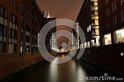 Warehouse district in Hamburg city at night