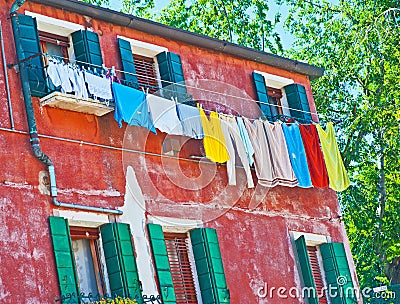 Washing line with drying clothes