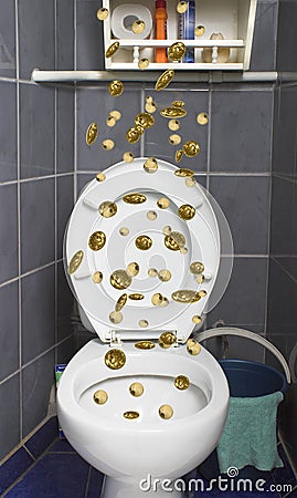 Washing off of money in a toilet bowl