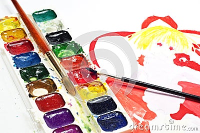 Water colour paints brushes drawing