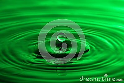 Water drop close up with concentric ripples colourful green surf