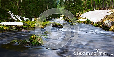 Water of river flows through mossy rocks