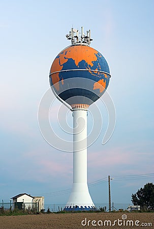 Water tower painted as globe (aerials on top)