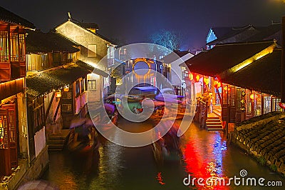 Water town in night