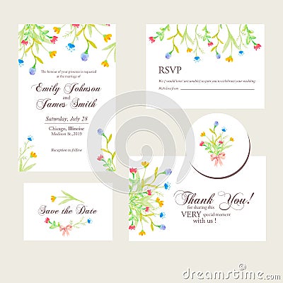 Watercolor flowers wedding invitations set