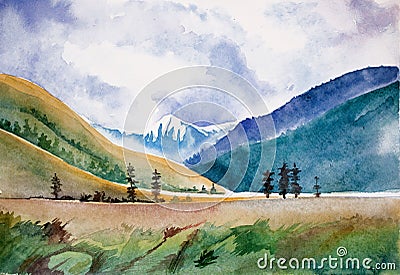Watercolor landscape with mountains