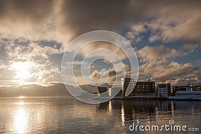 Waterfront buildings at sunset at Tromso Norway