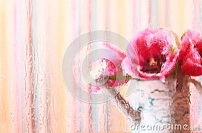 Watering car with pink tulips