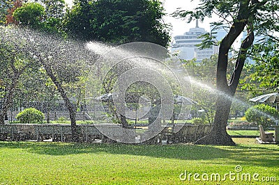 Watering green lawn by water splash